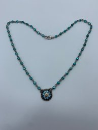 Aqua Blue Faceted Bead Necklace With Silver Toned Hallmarked Pendant, Crystal Flower Design, 18 Inches , 10g
