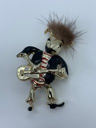 Rock N Roll Articulated Gold Toned Mouse Pin, With Hinged Head And Feet, Real Fur Hair, Black  & Red Enamel
