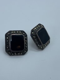Sterling Silver, Marcasite, And Onyx Post Earrings,  Marked 925, 5.7g