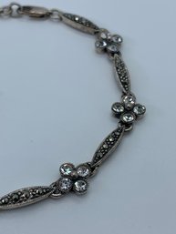 Vintage Crystal Flower And Marcasite Sterling Silver Bracelet Marked 925, 7.5 Inches, 8.5g