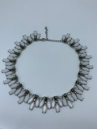 Statement Collar Necklace, Smoky Round Crystals & Iridescent Marquise Cut White Pendants, Silver Toned Chain
