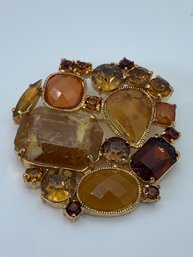 Amber Colored Rhinestone Pin / Brooch, In Gold Toned Setting, 2 Inches