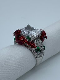 Sterling Silver Red Cardinal Cocktail Solitaire Ring Marked 925, Red And Green Enamel, Crystal Encrusted, 9.7g