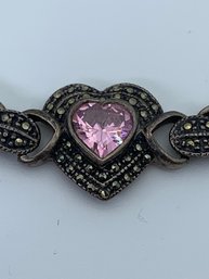 Vintage Sterling Silver And Pink Center Stone With Marcasite Heart Bracelet Marked 925, 7.5 Inches, 22.5g