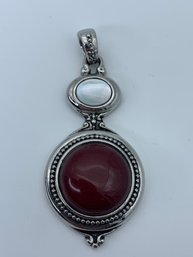 Lia Sophia  Lisa Slide Mother Of Pearl And Red Jasper Silver Toned Pendant, 2.25 Inches With Bale