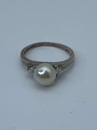 Pearl And Triangle Cut Stone Sterling Ring Marked 925, Size 7, 2g