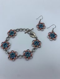 Artist Made Chainmail Style Bracelet And Earring Set, Blue And Coral Wire Wrapped Silver Toned, Marked JBB BR