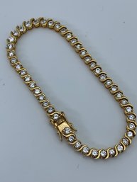 Roman CZ Gold Wash Tennis Bracelet With Double Latching Clasp, S Link, Open Back Stones, 7.5 Inches Long