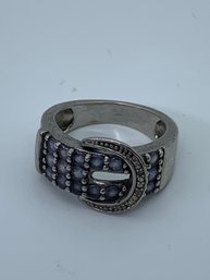 Sterling Silver Belt Buckle Ring With Moving Buckle And Light Purple Stones, Marked  925, Size 7, 5.1g