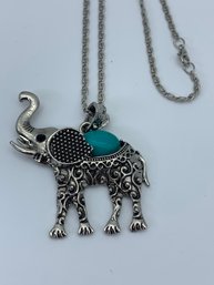 Elephant With Faux Turquoise, Silver Toned Pendant On Necklace, 18 Inch Chain, Charm About 2 Inches Wide