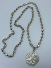 Gorgeous Mother Of Pearl Beaded Necklace, Pendant Is 6-point Star With Flower Ring, MOP, Iridescent, Signed