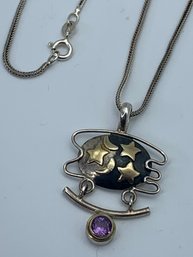 Handmade Moon And Stars Sterling Silver Pendant And Amethyst Dangle Charm, Sterling Necklace, Marked 925, 6.8g