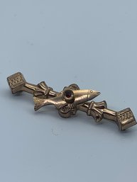 Antique Custom Bar Brooch, With Spinning Fish And Tiny Red Stone, Gold Toned, Unmarked, 2 Inches Long, 5.9g