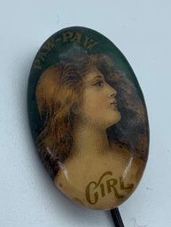 Antique Advertisement Stick Pin, Paw Paw Girl, 19th Century Michigan Girl, Celluloid Photo, 2.5 Inches