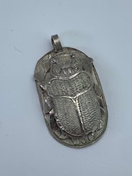 Egyptian Revival Scarab Beetle Pendant Charm, Three-Dimensional, Silver Toned, 1.5 Inches, Hallmarked, 5.3g