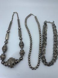 Chunky Silver Toned Fashion Necklace Lot - Three Pieces, Various Styles And Lengths
