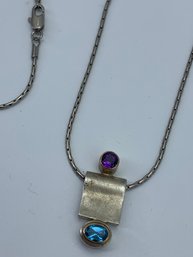 Abstract Sterling Silver Pendant With Oval Blue And Purple Circle Cut Stones, 925, Silver Toned Chain, 9g