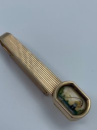 Vintage SWANK Fishing Rod Tie Bar Clip, Gold Toned, Rainbow Trout Fisherman Scene, 2.25 Inches Long