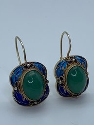 Antique  Gold Vermeil Sterling Silver Cloisonne Enamel And Jadeite Earrings, Marked 925, 1 Inch, 8.1g