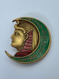 Antique Masonic Red And Green Enameled Lodge Pin, St. Paul MECCA, July 1908, Sphinx, Crescent, 1.25 Inches