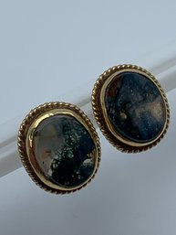 14K Gold With Moss Agate Oval Pierced Post Earrings, 1/2 Inch, 2.2g