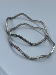 Pair Of Sterling Silver Zig-zag/ Wave Structured Bangle Bracelets, Slip On (no Clasp) , Marked 925, 27.1g
