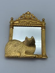 Jonette Jewelry,  Cat Looking In Real Mirror Brooch, Bright Gold Tone, Signed JJ, 2.25 Inches Long