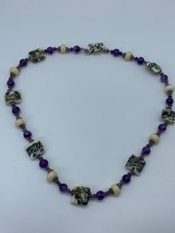 Gorgeous Art Glass Bead & Stone Necklace, Art Glass, Cushion Style Beads, Silver Toned Toggle