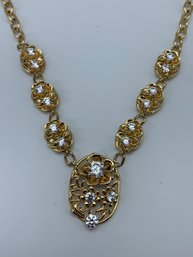 Shining Gold Plated Sterling Silver Cubic Zirconia Flower Necklace Marked CZ 925, 17 Inches,  25.3g