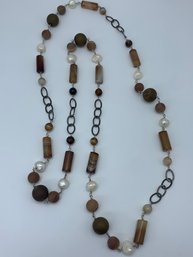 Plunging Necklace, 40 Inch Length Chain With Various Natural Beads - Tube, Faceted, Pearl, Polished, Stones
