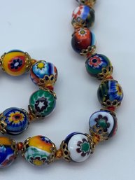 Amazing, Bold Colorful Glass Beaded Screw Clasp Necklace, Intricate Designs, 25 Inches