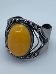 Egg Yolk / Butterscotch Authentic Baltic Amber  Sterling Silver Wide Cuff Bracelet, Amber 1.75in Long, 67g
