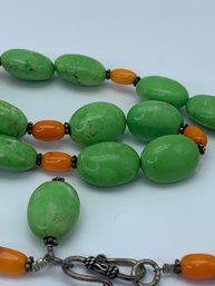 Green Apple Turquoise Polished Oval Beads With Coral Spacers, S Hook, 18 Inches, 68.4g