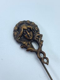 Art Nouveau Stick Pin With Face Of Lady With Long Hair, Push/pull Pin Back, Marked August 17, 1909