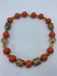 Vintage Guanyin Image Clear Round Beads, Enamel Floral And Large Orange Round Beaded Necklace, Hook Clasp 925