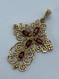 14K Yellow Gold Filigree Cross Pendant With Faceted Marquise Cut Ruby Accents, 1.5 Inches, 3g