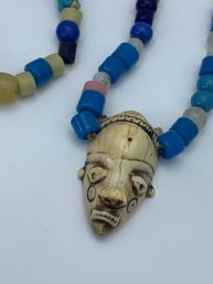 Carved Tribal Mask Pendant On Beaded Necklace, 22 Inches,pendant 1.75 Inches, Possibly Bone Or Ivory, Polished