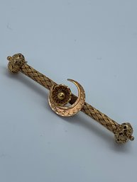 Incredible Antique Pin, Woven, Highly Detailed Bar Brooch With Crescent Moon And Flower Center, 2.25in, 6.6g
