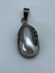 Sterling Silver Teardrop Pendant With Faux Pearl And Marcasite Details, Marked 925, 1 Inch, 2.7g