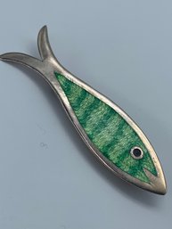 Shimmering Green Enamel Sterling Silver Fish Pin, Marked 925 Sterling Mexico, 2.25 Inches, 4.7g