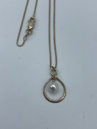 Infinity Loop Sterling Silver Pendant With Dangling White Pearl, On Necklace Marked 925 Italy, 18 Inches, 2.8g