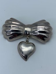 Large Sterling Silver Bowtie Brooch With Heart Pendant, Marked 925 Mexico, 2.5 Inches Long, 32.5g