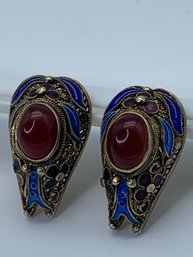 Antique Gold Vermeil Sterling Silver Cloisonne Enamel And Red Stone Post Earrings, 1 Inch, 6.2g