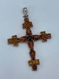 Baltic Amber Cross Pendant, Polished Prong-set, 3 Inch Sterling Silver 925, 10.4g