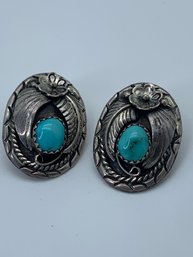 Sterling Silver Southwestern Turquoise Earrings With Makers Mark B, Flower & Leaves Wrapped Around Stone,7.4g