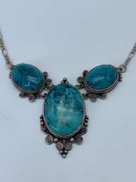 Sterling Silver &  Polished Cabochon Turquoise Necklace Marked Italy 925, About 18 Inches Long, 35.0g