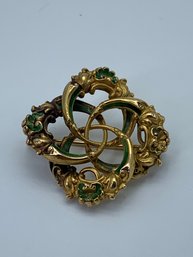 14K Gold Victorian Interlocking Loops Brooch With Green Enamel, Love Knot Lapel Pin, 1 Inch, 3.6g
