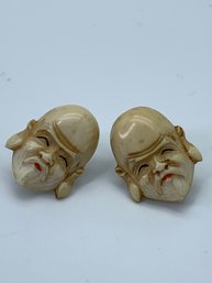 Vintage Japanese Carved Wise Man Silver Screw Back Earrings, Signed, .75 Inches