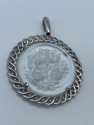 Signed Vintage Crown Trifari Libra Intaglio Glass Scale Pendant, Etched, Silver Toned, 2.5 Inches With Bale