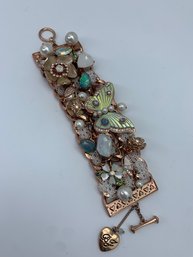 Betsey Johnson Signed Rose Gold Toned Bracelet, Flutterby Butterfly, Iridescent And AB, Enamel, Crystals